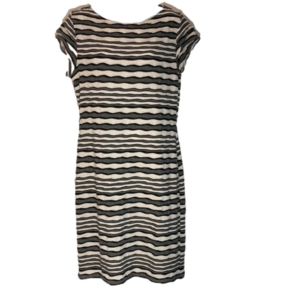 SHARAGANO BLACK GRAY & WHITE MIDI DRESS size 12 pleated-sleeve